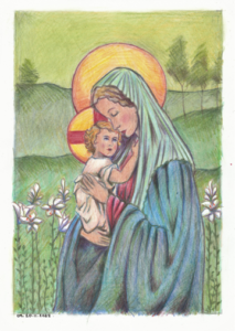 dessin au crayon de couleur d'une vierge à l'enfant