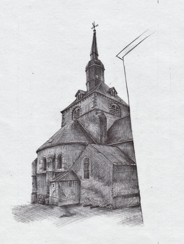 dessin au bic de l'église de Domfront