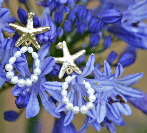 Boucles Belle île paire de boucles d'oreille dorée accrochée sur une fleur.