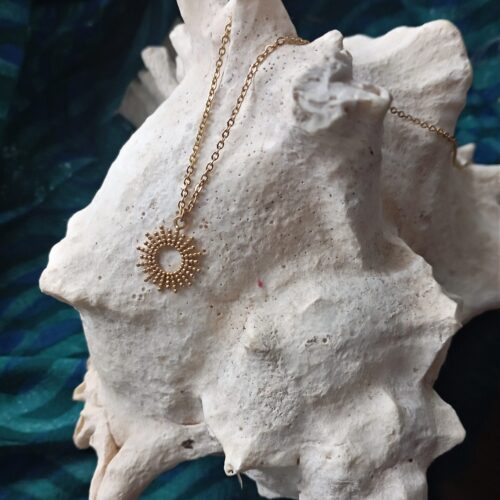 une chaine et un pendentif doré sur un coquillage