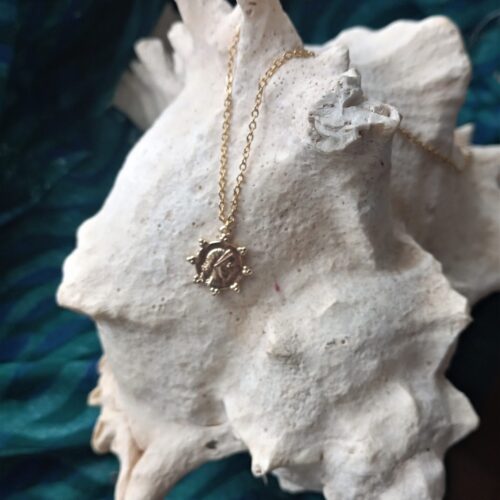 une chaine et un pendentif doré sur un coquillage