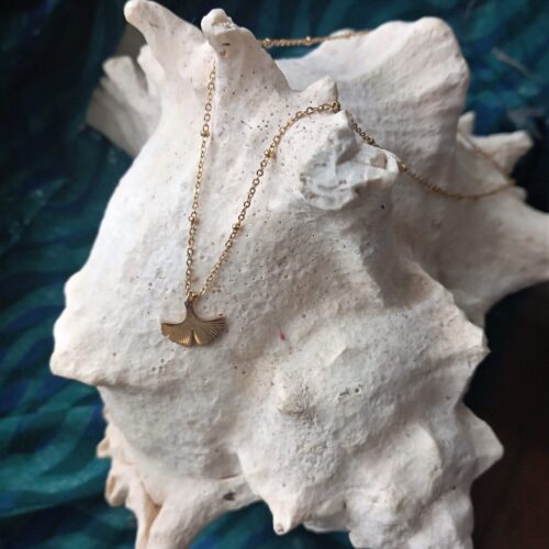 une chaine et un pendentif doré posés sur un coquillage