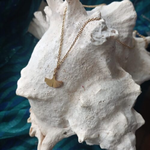une chaine et un pendentif doré posés sur un coquillage