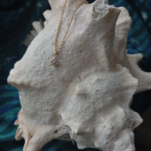 une chaine et un pendentif doré posés sur un coquillage