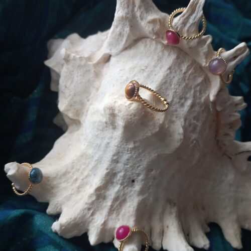 des bagues dorées avec des pierres posées sur un coquillage