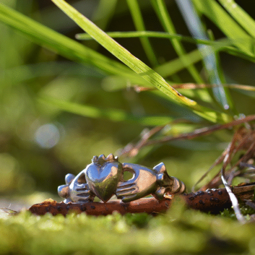 bague mani in Fede en argent avec un coeur sur une brindille, dans l'herbe.