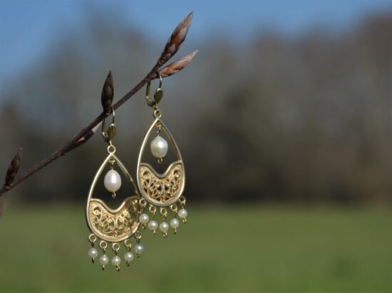 paire de boucles d'oreille, avec un chandelier de perles, accrochée sur une branche.