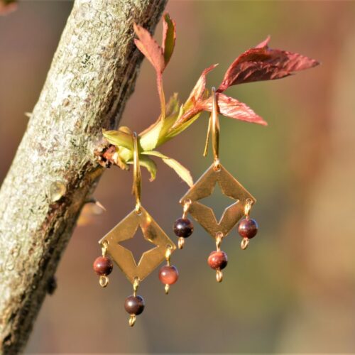 une paire de boucles d'oreilles dorées avec des perles en oeil de taureau.
