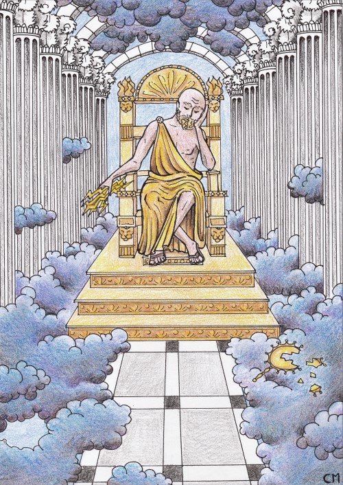 dessin de Zeus assis sur son trône dans son temple et s'ennuyant.