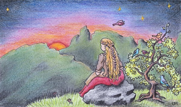 dessin d'une jeune fille regardant le coucher de soleil.
