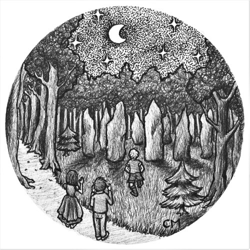dessin d'un enfant qui court vers des menhirs dans une forêt. Deux enfants l'appellent.